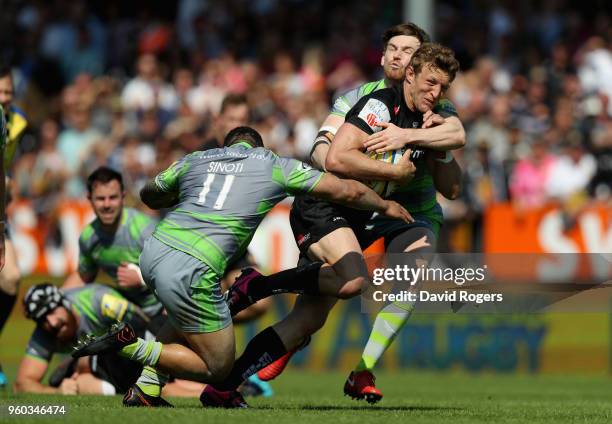 Lachie Turner of Exeter is tackled during the Aviva Premiership Semi Final between Exeter Chiefs and Newcastle Falcons at Sandy Park on May 19, 2018...