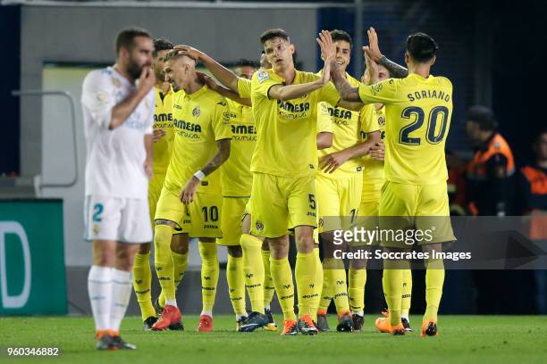 Samu Castillejo of Villarreal celebrates 2-2 during the La Liga Santander match between Villarreal v Real Madrid at the Estadio de la Ceramica on May...