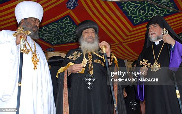 Abune Paulos, Patriarch of the Ethiopian Orthodox Church, Pope Shenuda III, Head of the Egyptian Coptic Orthodox Church, and Aram I, Catholicos of...