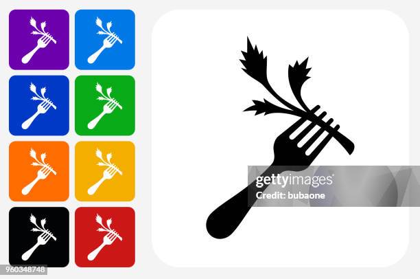 fork and salad icon square button set - multiple salads stock illustrations