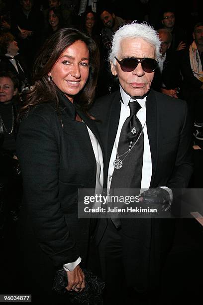 Katia Toledano and Karl Lagerfeld attend the Dior Homme fashion show during Paris Menswear Fashion Week Autumn/Winter 2010 on January 23, 2010 in...