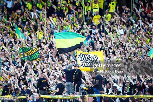 Ultras of FC Nantes during the Ligue 1 match between Nantes and Strasbourg at Stade de la Beaujoire on May 19, 2018 in Nantes, .