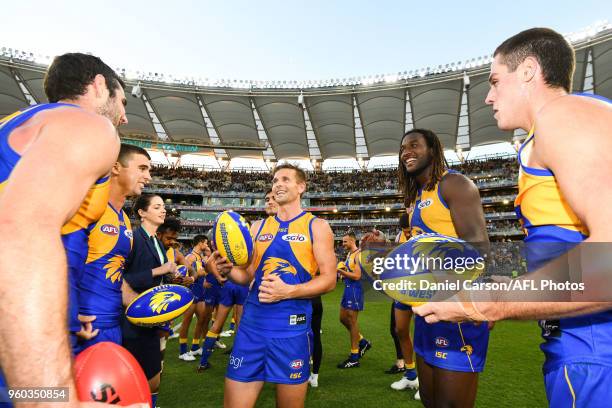 Mark LeCras and Nic Naitanui of the Eagles celebrate the win during the 2018 AFL round nine match between the West Coast Eagles and the Richmond...