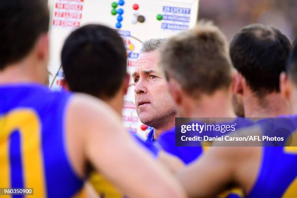 Adam Simpson, coach of the Eagles addresses the team at quarter time during the 2018 AFL round nine match between the West Coast Eagles and the...