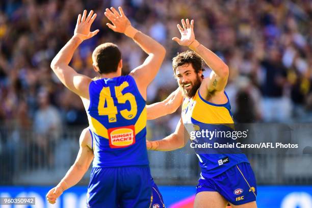 Josh Kennedy of the Eagles celebrates a goal during the 2018 AFL round nine match between the West Coast Eagles and the Richmond Tigers at Optus...