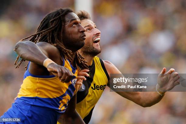Nic Naitanui of the Eagles and Toby Nankervis of the Tigers contest the ruck during the round nine AFL match between the West Coast Eagles and the...