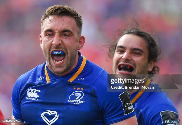 Dublin , Ireland - 19 May 2018; Jack Conan, left, and James Lowe of Leinster celebrate winning a penalty during the Guinness PRO14 semi-final match...