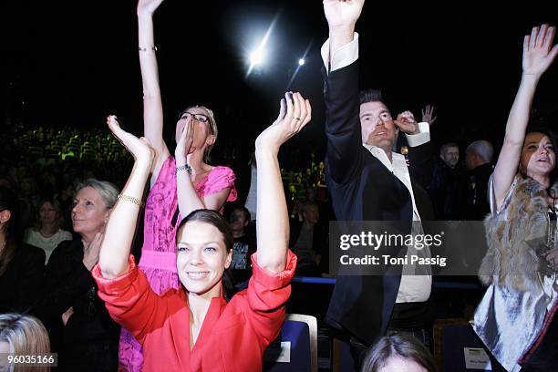 Nora Rochlitzer , Jessica Schwarz and designer Michael Michalsky dance during the Michalsky Style Night during the Mercedes-Benz Fashion Week Berlin...