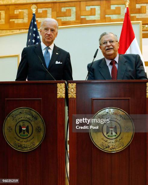 Vice President Joseph Biden with Iraqi President Jalal Talabani speak to the press after their meeting January 23, 2010 in Baghdad, Iraq. Vice...