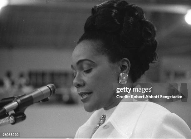 Close-up of American Civil Rights leader Coretta Scott King as she speaks at Mason Temple, Church of God, 9 years after Dr. King's murder, Memphis,...