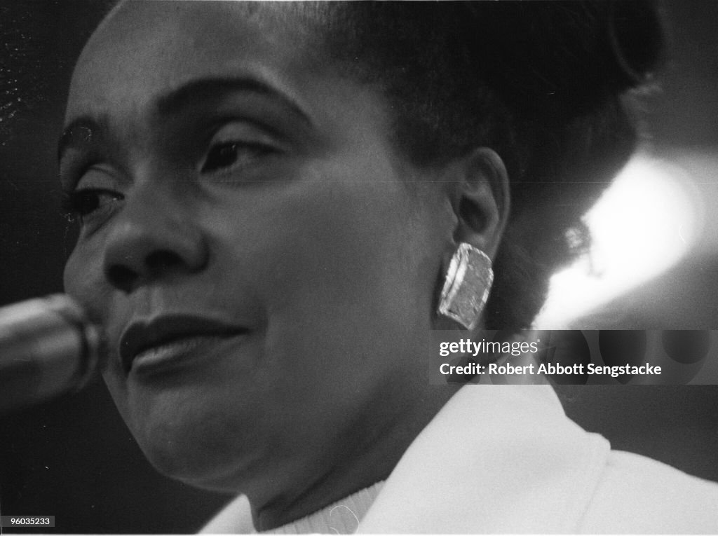 Close-up of American Civil Rights leader Coretta Scott King as she ...