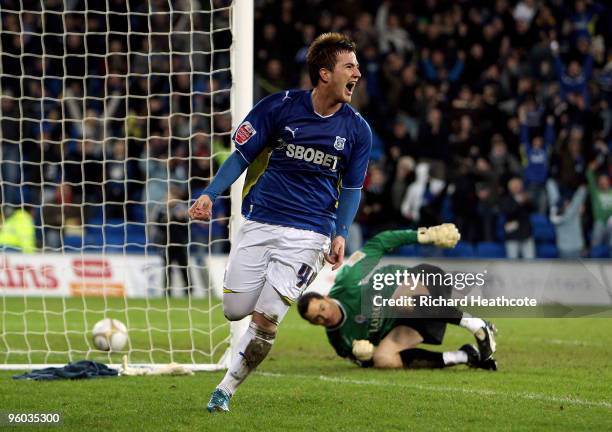 Ross McCormack of Cardiff celebrates scoring the fourth goal during the FA Cup 4th Round match between Cardiff City and Leicester City at the Cardiff...