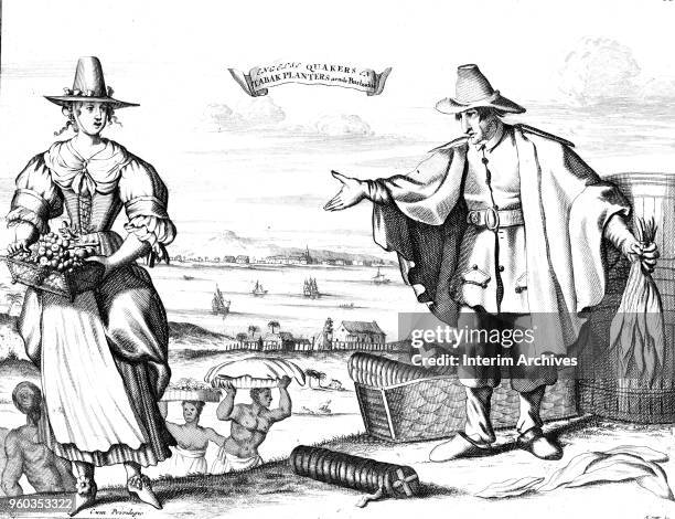 Illustration showing English Quakers on a tobacco plantation in Barbados, 17th century. A variant of this image is used to depict a Quaker plantation...