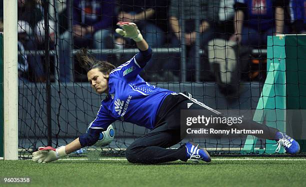 Goalkeeper Nadine Angerer of 1. FFC Frankfurt misses a save during the shootout against FC Bayern Muenchen during the quarter final match of the...