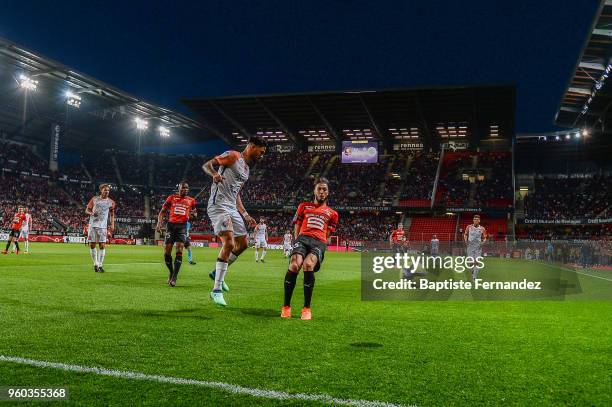 Pedro Felipe Teodosio Mendes of Montpellier and Rami Bensebaini of Rennes during the Ligue 1 match between Stade Rennes and Montpellier Herault SC at...