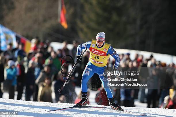 Evgeny Ustyugov of Russia broke his riffle during the men's sprint in the e.on Ruhrgas IBU Biathlon World Cup on January 23, 2010 in...