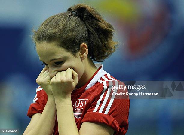 Julia Arnold of FF USV Jena reacts after the semi-final match against FC Bayern Muenchen during the T-Home DFB Indoor Cup at the Boerdelandhalle on...