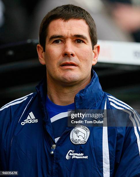 Manager of Derby County Nigel Clough looks on prior to the FA Cup 4th Round match sponsored by E.on, between Derby County and Doncaster Rovers at...