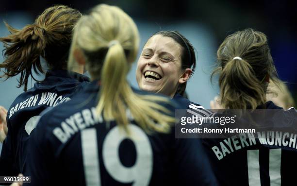 Isabell Bachor of FC Bayern Muenchen celebrates after winning the quarter final match against 1. FFC Frankfurt during the T-Home DFB Indoor Cup at...