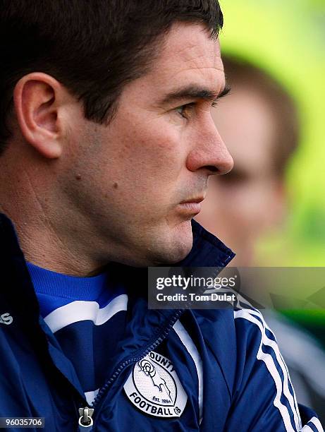 Manager of Derby County Nigel Clough looks on prior to the FA Cup 4th Round match sponsored by E.on, between Derby County and Doncaster Rovers at...