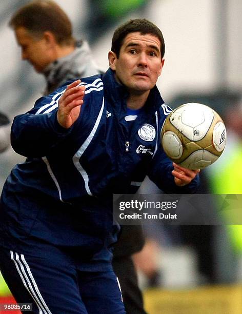 Manager of Derby County Nigel Clough throws the ball during the FA Cup 4th Round match sponsored by E.on, between Derby County and Doncaster Rovers...