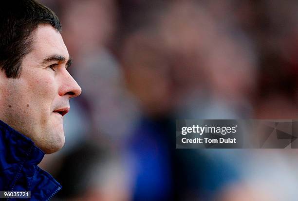 Manager of Derby County Nigel Clough looks on prior to the FA Cup 4th Round match sponsored by E.on, between Derby County and Doncaster Rovers at...