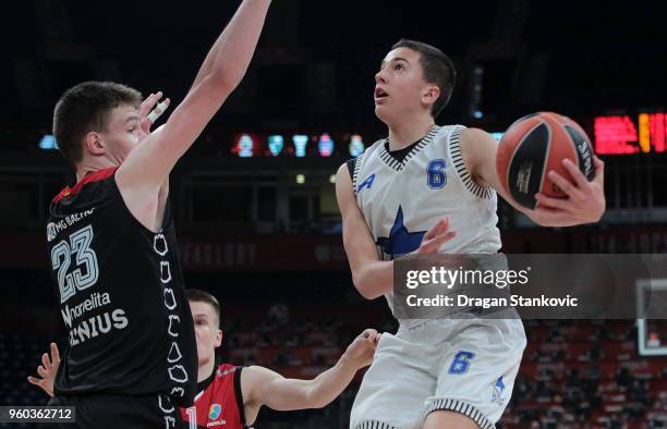 Matteo Spagnolo, #6 of U18 Stellazzurra Rome Competes with Marek Blazevic, #23 of U18 Lietuvos Rytas Vilnius during the Adidas Next Generation...