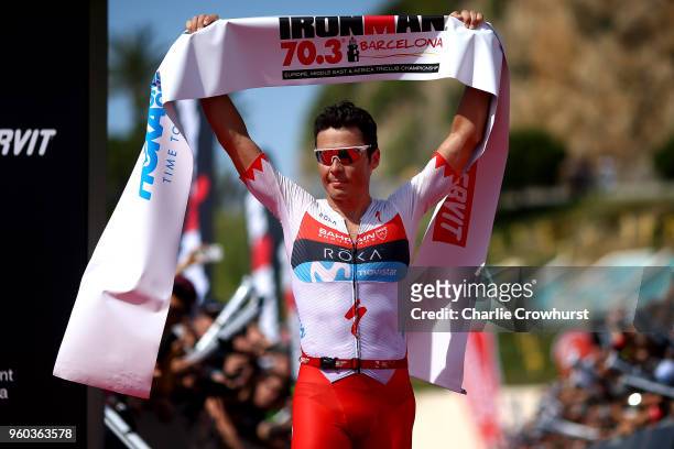 Javier Gomez Noya of Spain celebrates after winning the mens race during IRONMAN 70.3 Barcelona on May 20, 2018 in Barcelona, Spain.