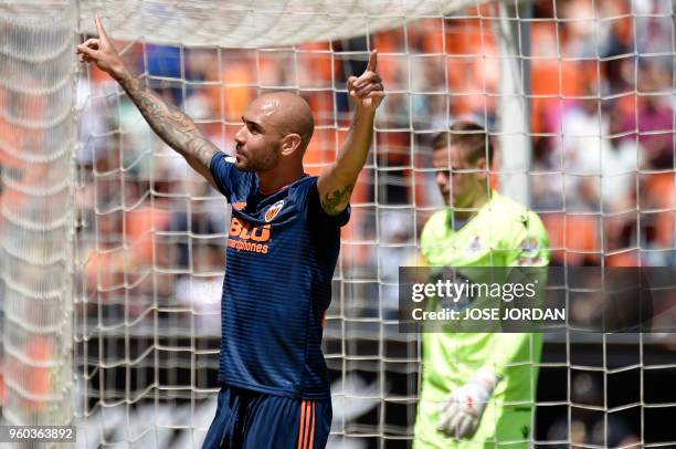 Valencia's Italian forward Simone Zaza celebrates a goal during the Spanish league football match between Valencia CF and RC Deportivo de la Coruna...