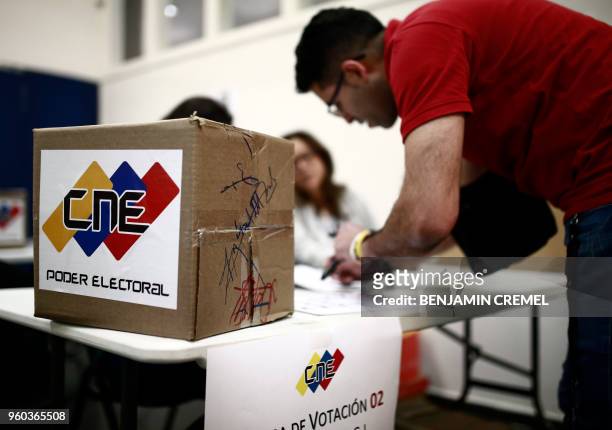 Man checks a list next to a ballot-box at a polling station located at the Fernando de los Rios Cultural Center in Madrid on May 20, 2018. -...