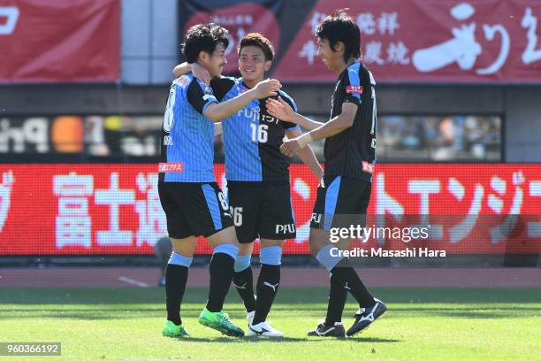 Hiroyuki ABe of Kawasaki Frontale celebrates the first goal during the J.League J1 match between Kawasaki Frontale and Shimizu S-Pulse at Todoroki...