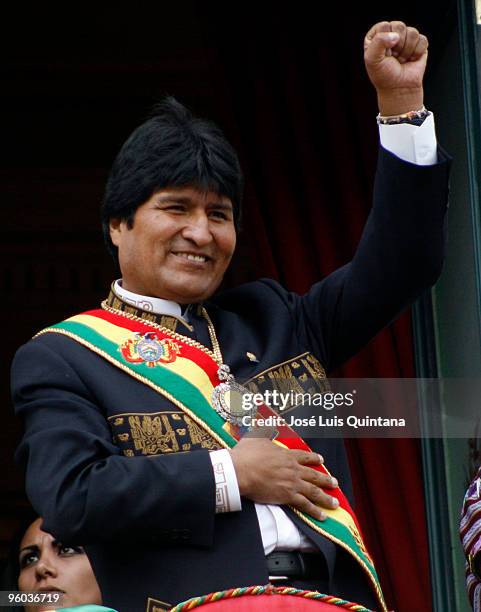 Bolivian President Evo Morales waves to people during his second term inauguration ceremony at Plaza Murillo on January 22, 2010 in La Paz, Bolivia.