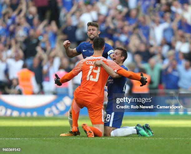 Chelsea's Cesar Azpilicueta, Thibaut Courtois and Gary Cahill celebrate at the final whistle during the Emirates FA Cup Final match between Chelsea...