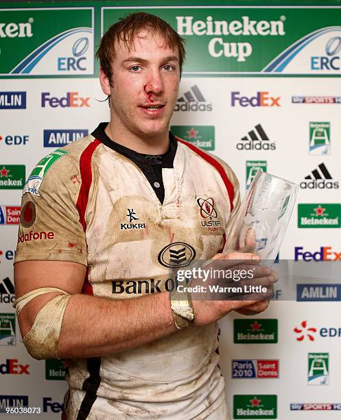 Stephen Ferris of Ulster poses with his Man of the Match Award after the Heineken Cup round six match between Bath Rugby and Uslter Rugby at the...