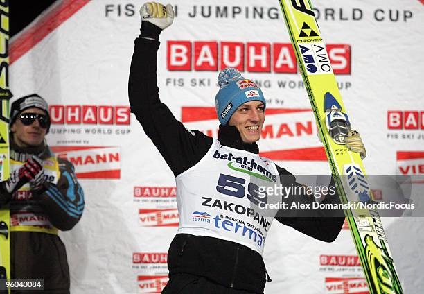 Gregor Schlierenzauer of Austria celebrates on the podium after winning the FIS Ski Jumping World Cup on January 23, 2010 in Zakopane, Poland.