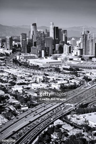 aerial view of downtown los angeles in black and white - los angeles convention center stock pictures, royalty-free photos & images