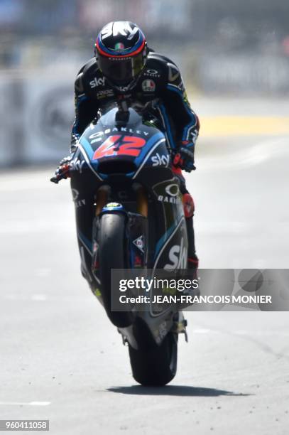 Kalex Sky Racing Team VR46 Italian rider Francesco Bagnaia crosses the finish line after winning a Moto2 race, of the French Motorcycle Grand Prix,...