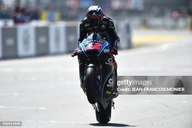 Kalex Sky Racing Team VR46 Italian rider Francesco Bagnaia crosses the finish line after winning a Moto2 race, of the French Motorcycle Grand Prix,...