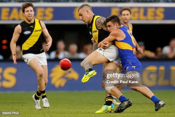 Elliot Yeo of the Eagles tackles Dustin Martin of the Tigers during the round nine AFL match between the West Coast Eagles and the Richmond Tigers at...