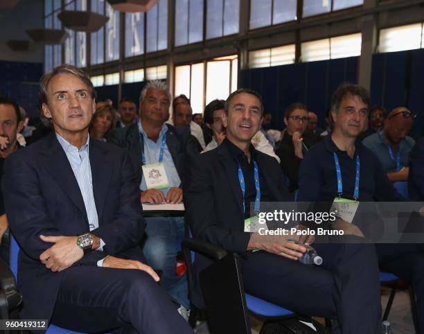 Italy head coach Roberto Mancini and FIGC Vice Commisioner Alessandro Costacurta and General Director Michele Uva attend the Italian Football...