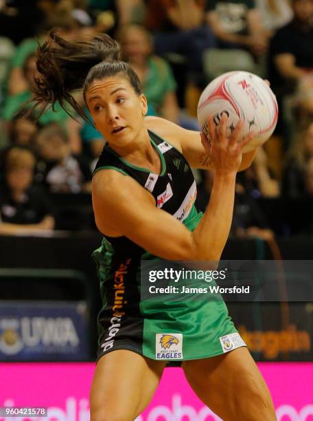 Verity Charles of the West Coast Fever looks for options to pass during the Super Netball match between the Fever and the Swifts at HBF Stadium on...