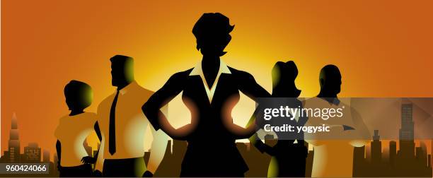 unternehmer-team silhouette in der stadt - frau sonne business stock-grafiken, -clipart, -cartoons und -symbole