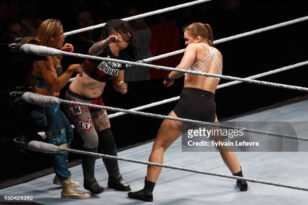 Ronda Rousey in action vs Mickie James and Ruby Riott during WWE Live AccorHotels Arena Popb Paris Bercy on May 19, 2018 in Paris, France.