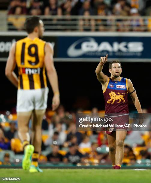 Luke Hodge of the Lions points during the 2018 AFL round nine match between the Brisbane Lions and the Hawthorn Hawks at the Gabba on May 20, 2018 in...