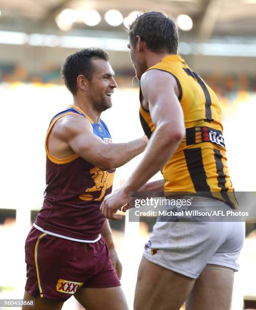 Luke Hodge of the Lions and Ben McEvoy of the Hawks in action during the 2018 AFL round nine match between the Brisbane Lions and the Hawthorn Hawks...