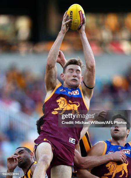 Harris Andrews of the Lions marks the ball during the 2018 AFL round nine match between the Brisbane Lions and the Hawthorn Hawks at the Gabba on May...