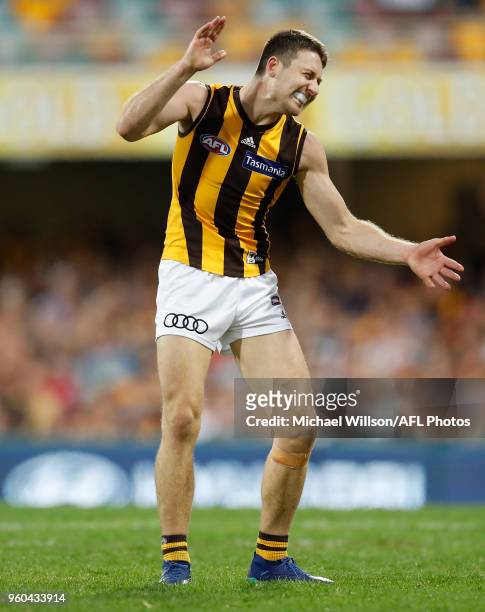 Liam Shiels of the Hawks rues a missed shot on goal during the 2018 AFL round nine match between the Brisbane Lions and the Hawthorn Hawks at the...