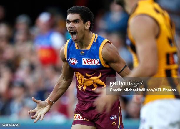 Charlie Cameron of the Lions remonstrates with the umpire during the 2018 AFL round nine match between the Brisbane Lions and the Hawthorn Hawks at...