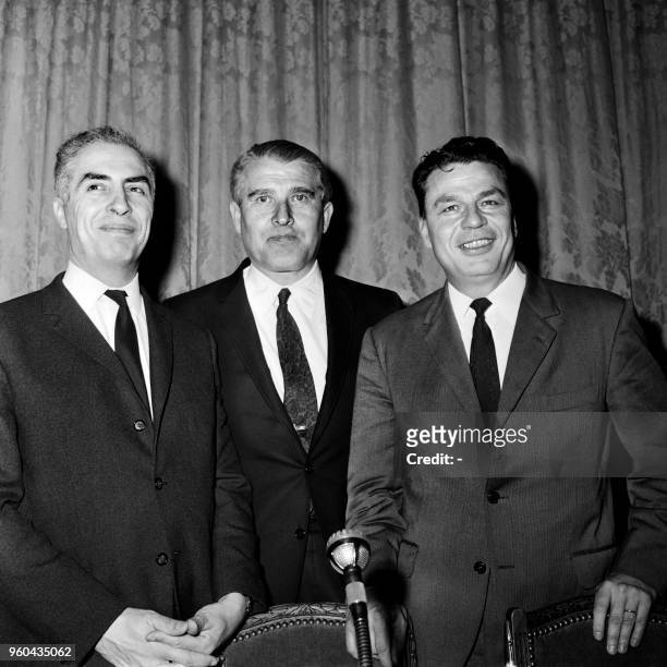 Aerospace engineers Jean-Pierre Causse , Wernher von Braun and Roger Chevalier , receive the astronautic price Galabert, on March 15, 1967 at the...