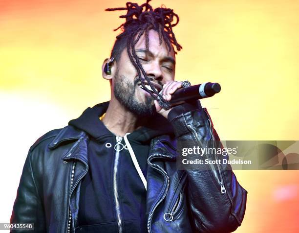 Singer Miguel performs onstage during the Power 106 Powerhouse festival at Glen Helen Amphitheatre on May 12, 2018 in San Bernardino, California.